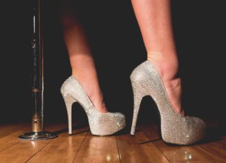 Mighty Fine Stripper from Portland woman in gray platform stilettos